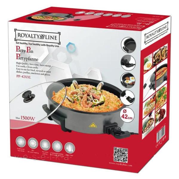 Royalty Line Elektrische Bratpfanne XXL – 1500 W – Ø42 cm – Partypfanne – Elektrische Pfanne mit Glasdeckel