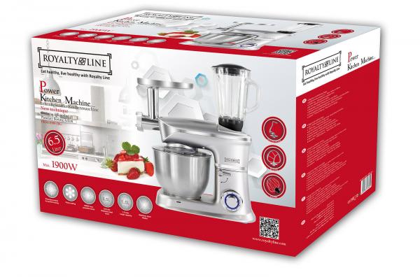 Royalty Line Küchenmaschine elektrisch – 1900 W – mit Mixer Fleischwolf Schneebesen Knethaken Rührhaken 6,5 Liter